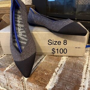 Rothy's Black Pointed Knit Flats with Blue Trim